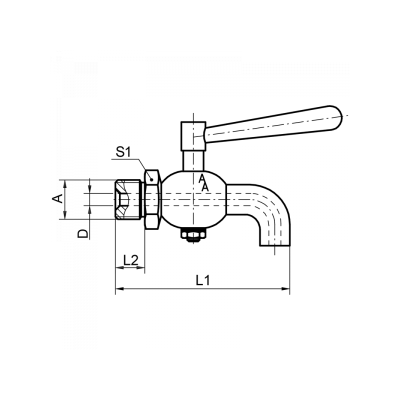 Ablasshahn, Ausführung Außengewinde x gebogener Auslauf, Material: 1.4571