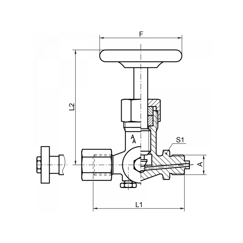 Manometer-Absperrventil, DIN 16271, Zapfen x Spannmuffe x Prüfflansch 40 x 5 mm