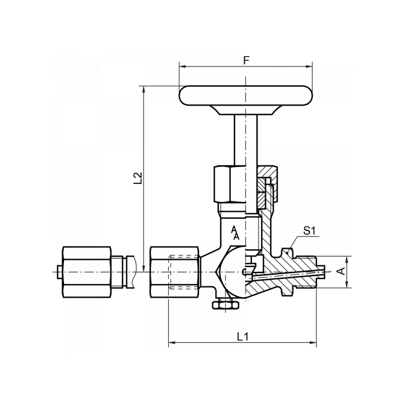 Manometer-Absperrventil, DIN 16271, Zapfen x Spannmuffe x Prüfzapfen M20 x 1,5