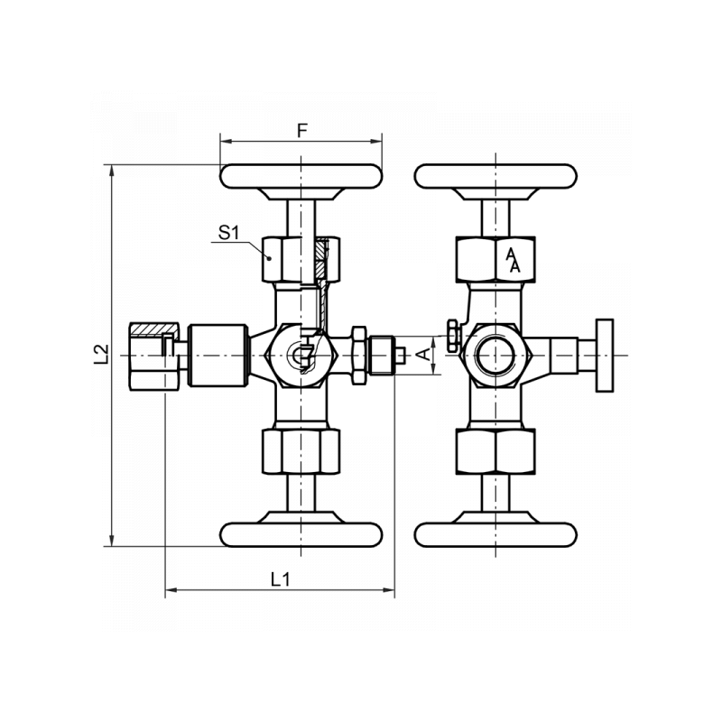 Manometer-Doppelabsperrventil, DIN 16272, Zapfen x Spannmuffe x Prüfzapfen M20 x 1,5