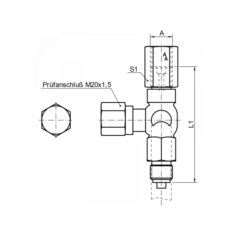 Manometer-Absperrhahn, DIN 16263, Spannmufe x Zapfen x Prüfzapfen M20 x 1,5, Material: Messing, 1.4571