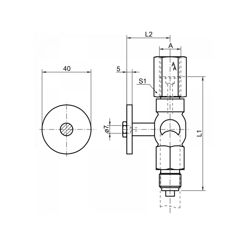 Manometer-Absperrhahn, DIN 16263, Spannmuffe x Zapfen x Prüfflansch 40 x 5 mm, Material: Messing, 1.4571