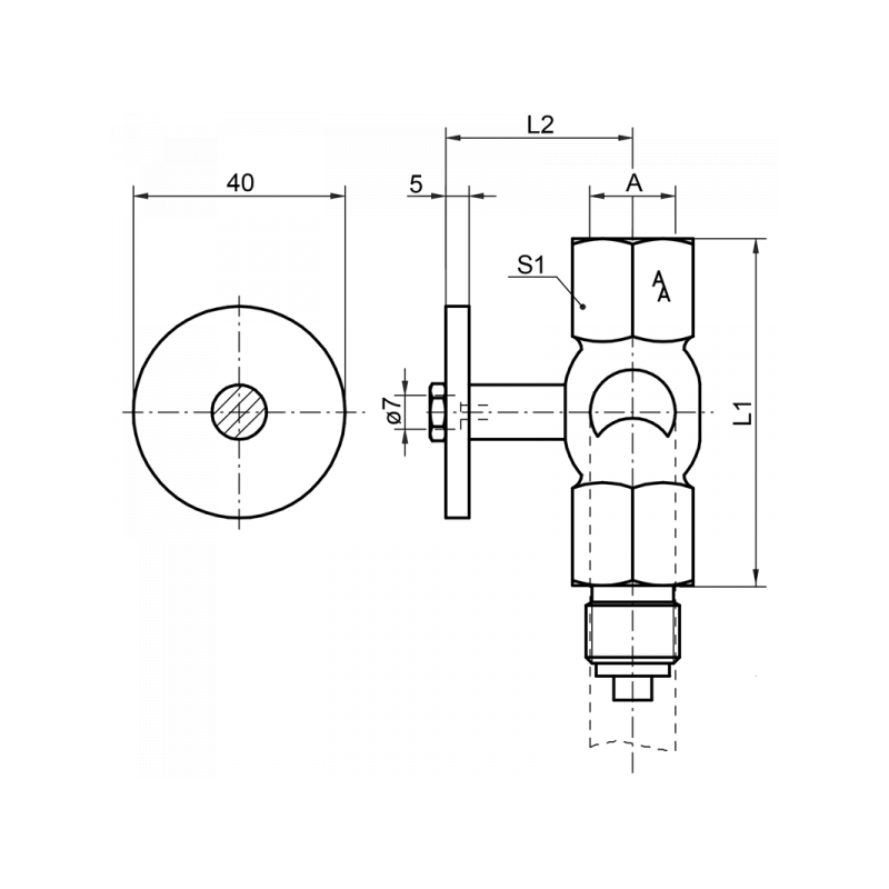 Manometer-Absperrhahn, Muffe x Zapfen x Prüfflansch 40 x 5 mm, Material: Messing