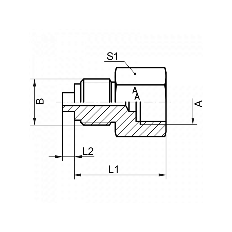 Manometeranschlussstück für den Übergang von Gewindegrößen, Ausführung Muffe x Zapfen, Material: Messing, Stahl, 1.4571