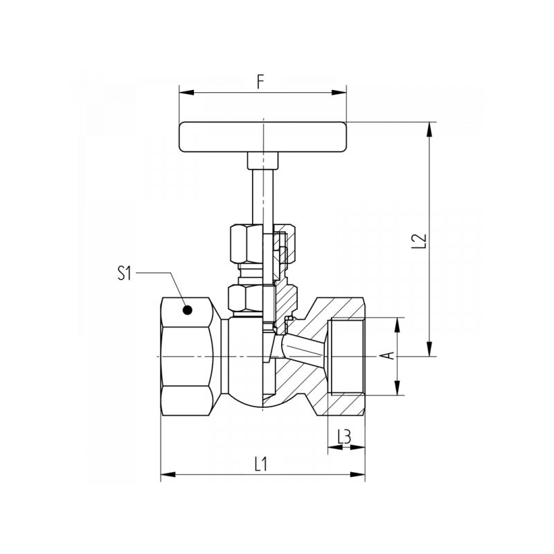 Nadelventil, beiderseits Innengewinde, Material: Messing