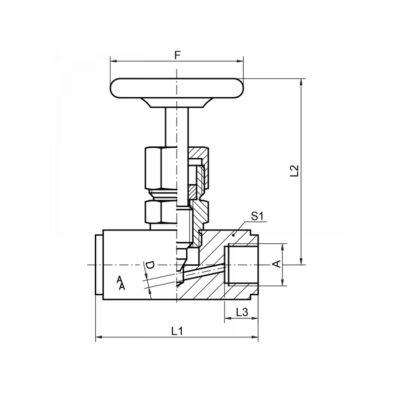 Nadelventil, beiderseits Innengewinde, Material: Stahl, 1.4571