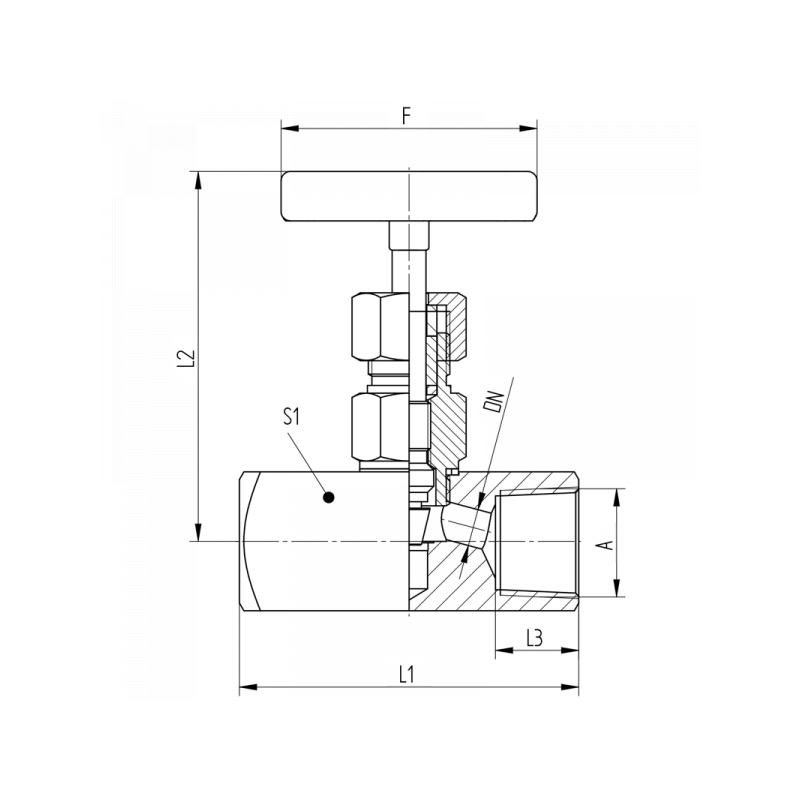 Nadelventil, beiderseits Innengewinde,Material: Stahl, 1.4571