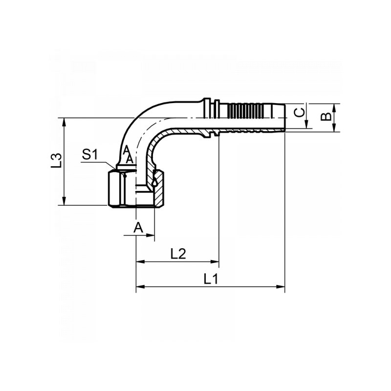 Pressnippel DKJ 90°, Dichtkegelmit 74° Konus, Dichtkopf UNF Gewinde