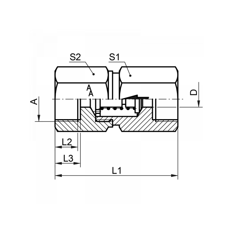 Hochdruck-Rückschlagventil, beiderseits Innegewinde, Öffnungsdruck Standard: 0,5 - 1,0 bar, Material: 14571 (FKM)