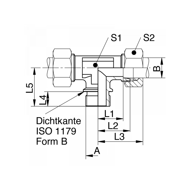 T-Einschraubverschraubung, Einschraubgewinde BSPP mit Dichtkante Form B, leichte + schwere Reihe