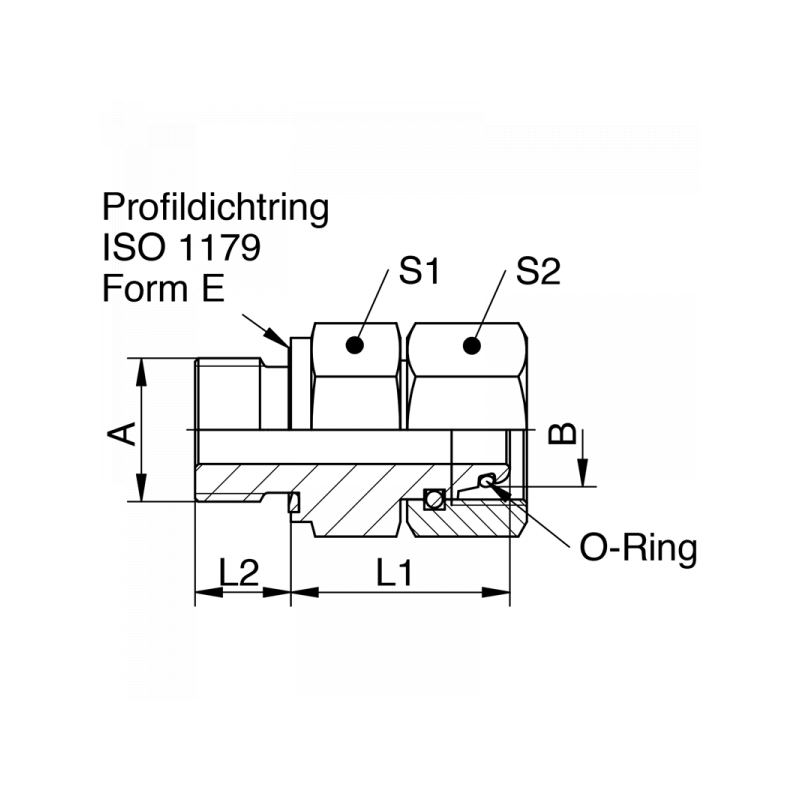 Einstellbare gerade Verschraubung mit Dichtkopf und Viton O-Ring, Gewinde BSPP mit Dichtkante Form E, leichte + schwere Reihe