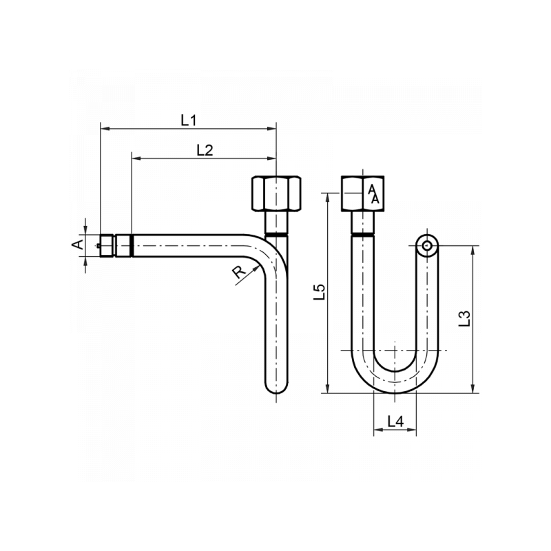Wassersackrohr, DIN 16282, Form A, Zapfen x Spannmuffe,U-Form, Material: Stahl, 1.4571 für horizontale Druckentnahme