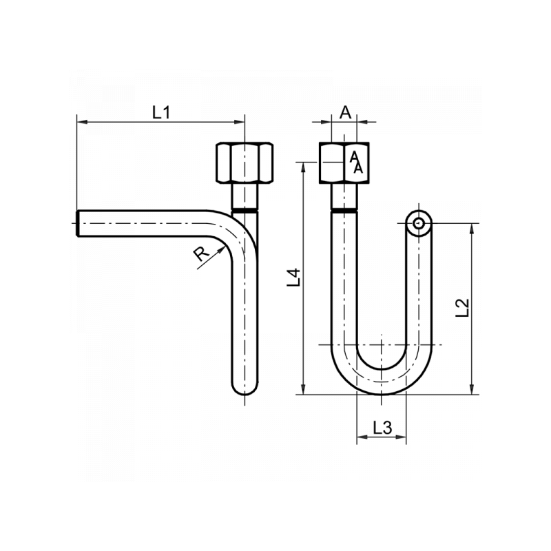 Wassersackrohr, DIN 16282, Form B, Anschweißende x Spannmuffe, U-Form, Material: Stahl, 1.4571 für horizontale Druckentnahme