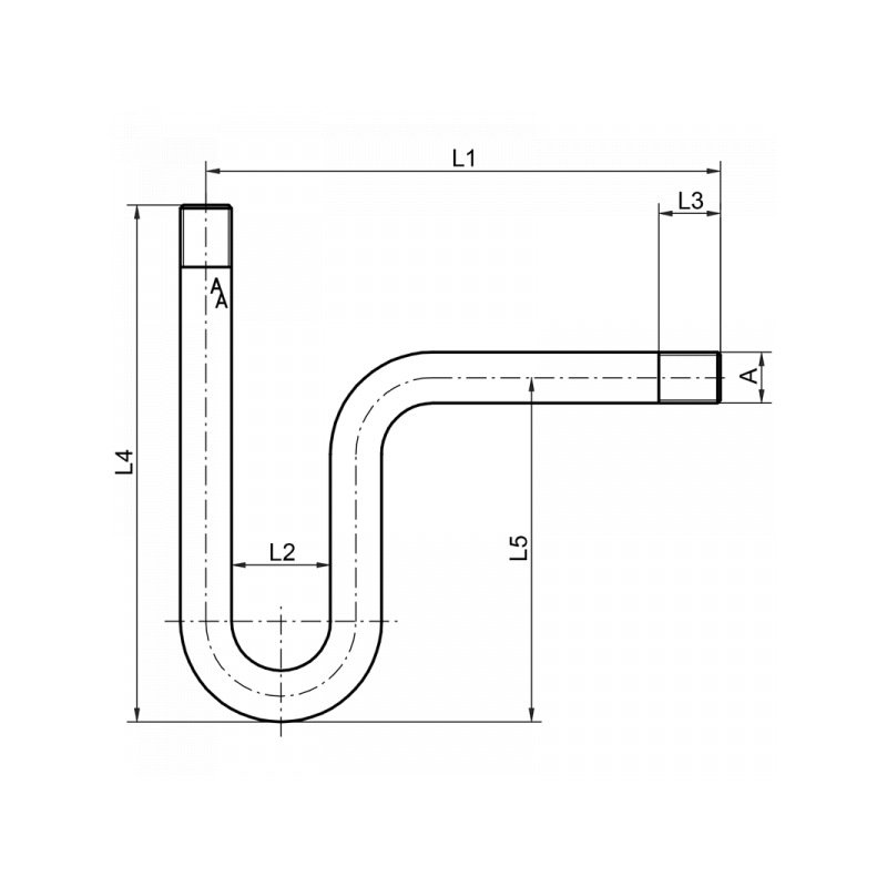 Wassersackrohr, PN 25, beiderseits Außengewinde, U-Form, Material: Stahl, 1.4571