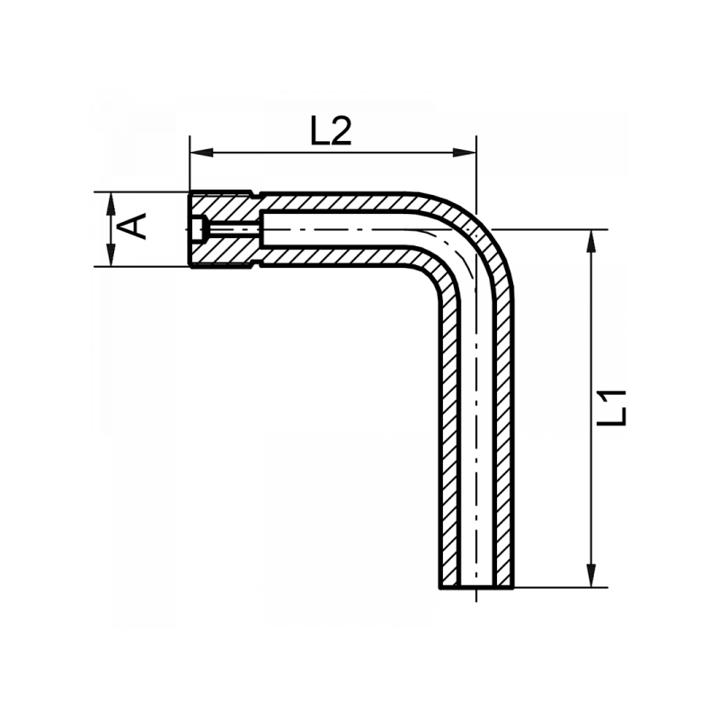Wassersackrohr, Winkelform 100 x 80 mm lang, Material: Stahl, 1.4571
