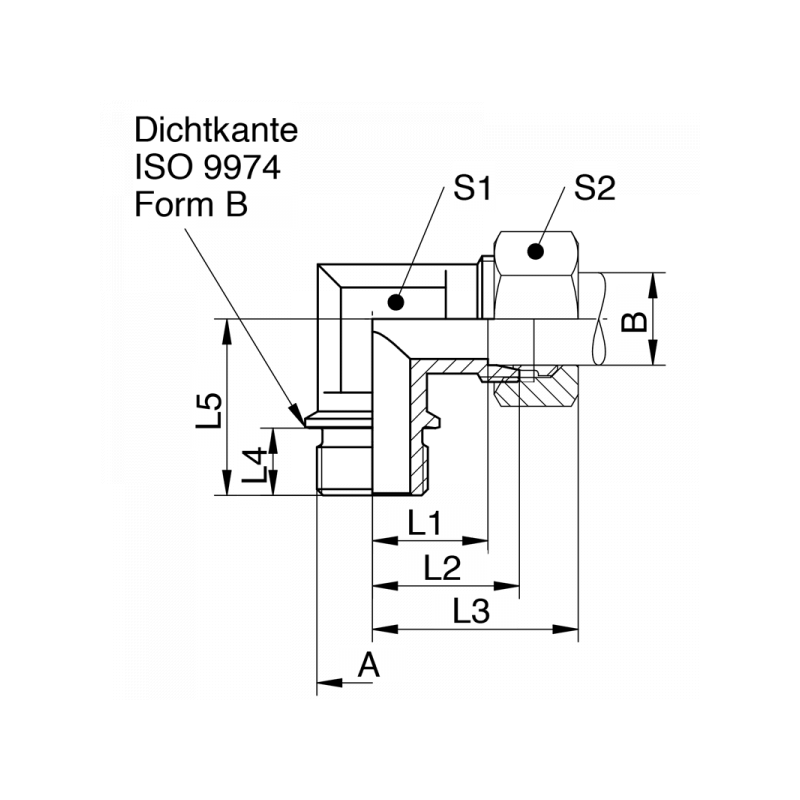 Winkel-Einschraubverschraubung, Einschraubgewinde metrisch mit Dichtkante Form B, leichte + schwere Reihe